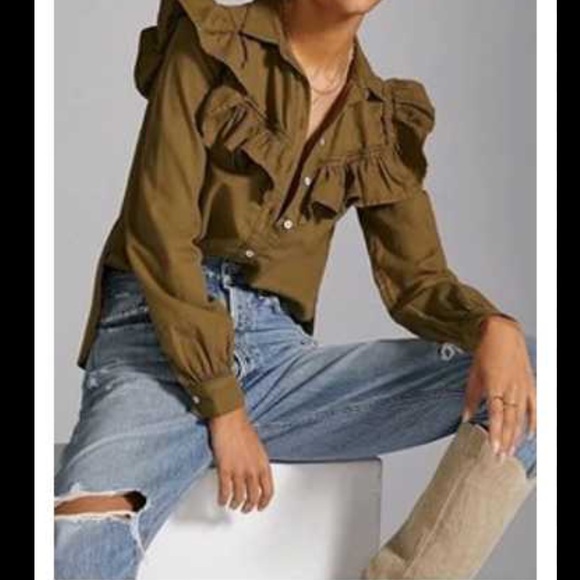 Anthropologie olive denim ruffle button down - Picture 1 of 5